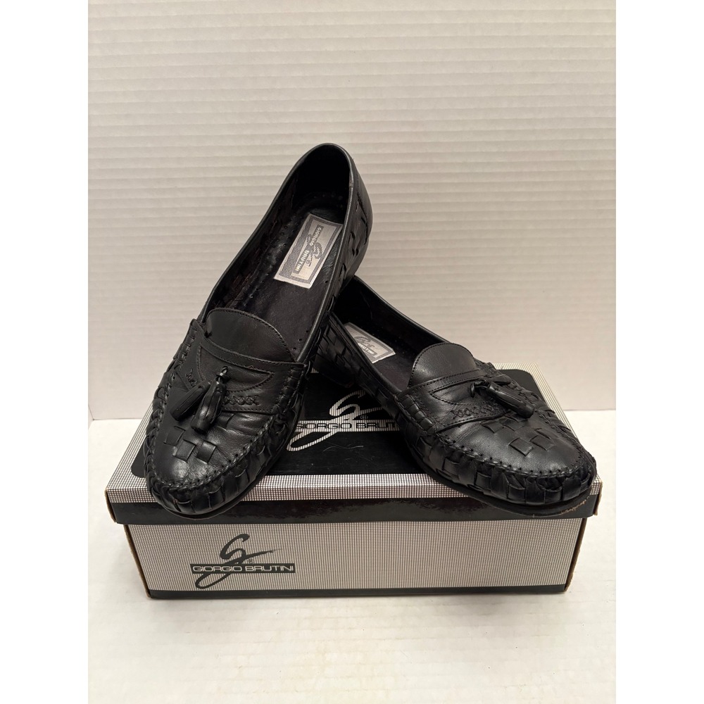 Giorgio Brutini Mens Black Woven Leather Tassel Loafers 9.5 D Made in Brazil